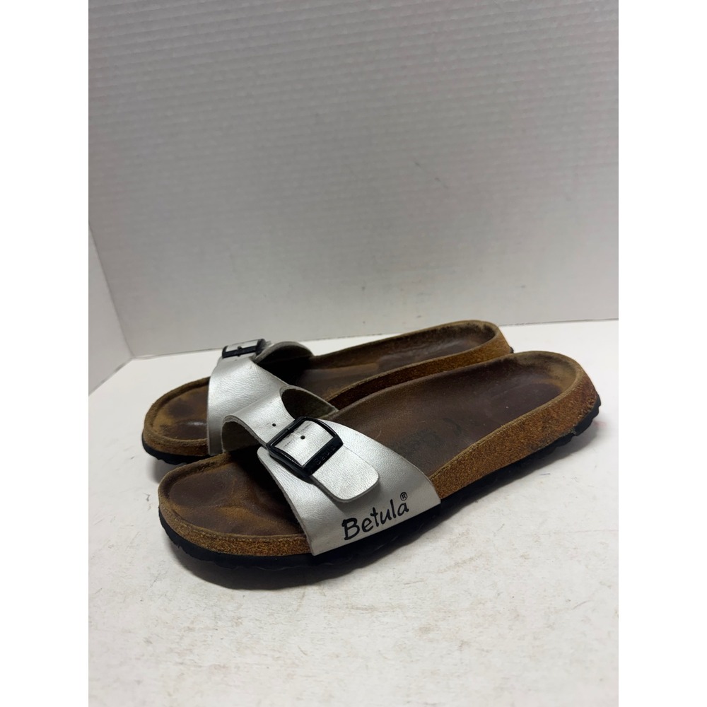 Betula by Birkenstock Silver Metallic Slide Sandals Buckle Cork Footbed 8